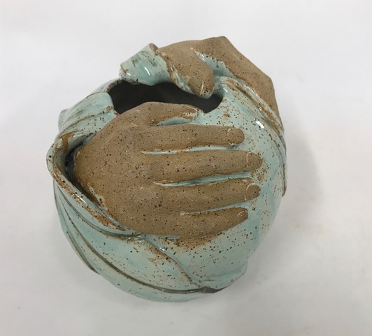 Image of Hands On Pot. Ceramic 6”x6” $180